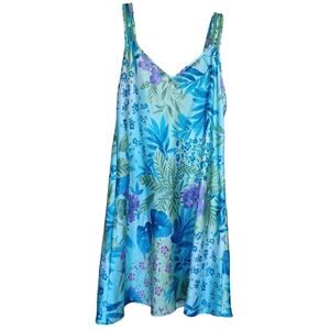 Sophia Floral Midi Chemise Slip Dress Women's Large Blue Green Lace on Straps